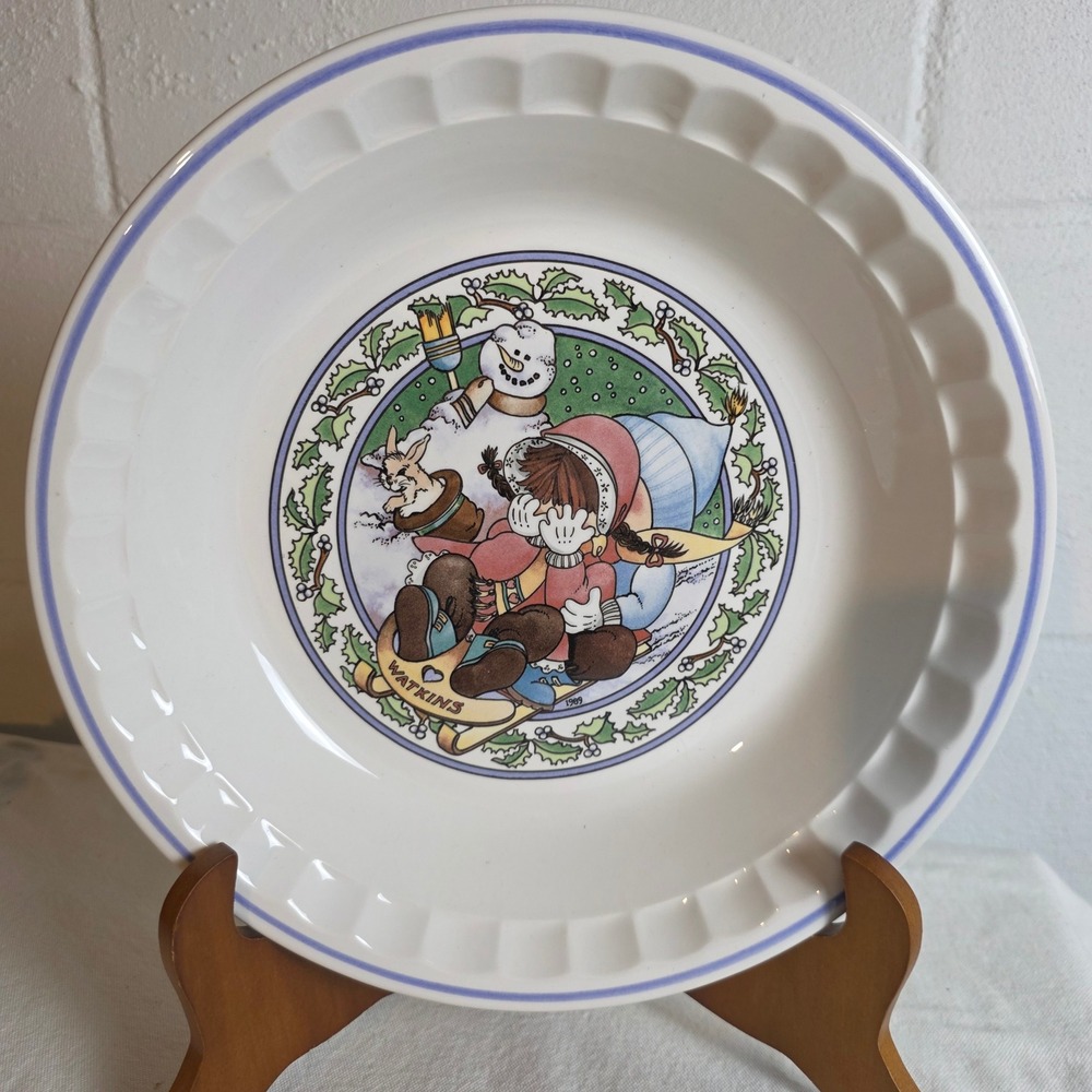 Vintage 1989 Watkins Country Kids Snow Magic Ceramic Pie Plate Recipe Backside